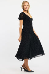 Black Midi Dress Puff Sleeve Burn Out