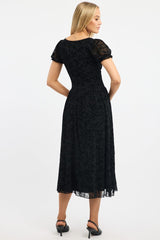 Black Midi Dress Puff Sleeve Burn Out