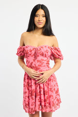 Pink Floral Fit And Flare Dress Puff Sleeve Mesh