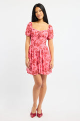 Pink Floral Fit And Flare Dress Puff Sleeve Mesh