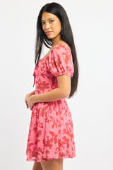 Pink Floral Fit And Flare Dress Puff Sleeve Mesh