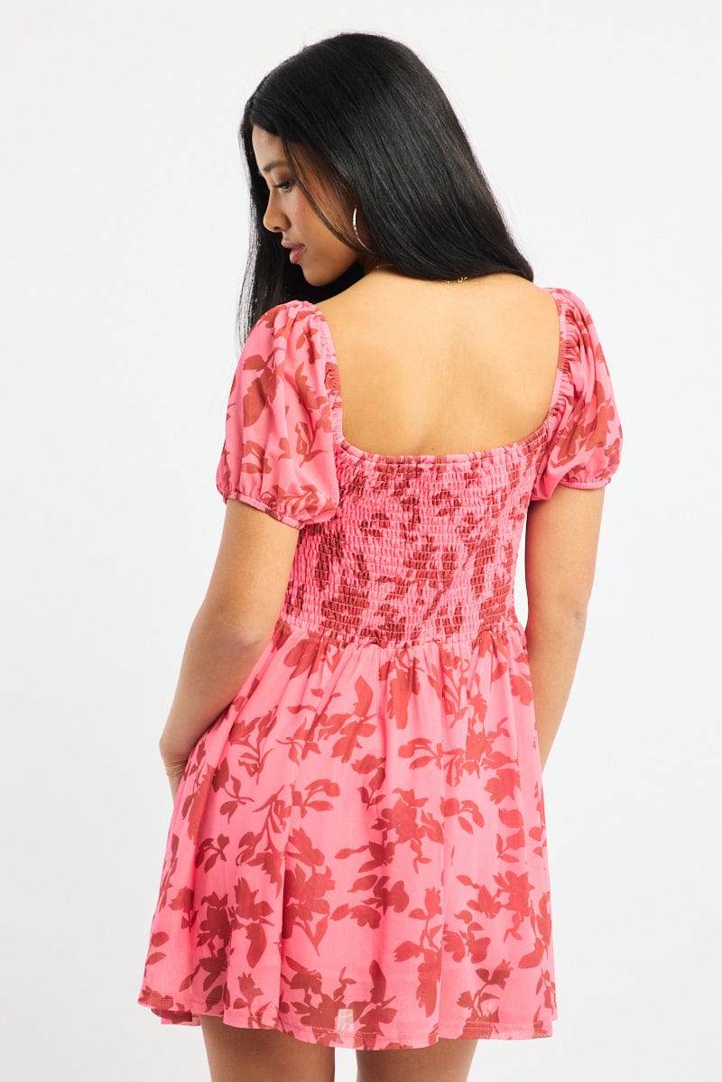Pink Floral Fit And Flare Dress Puff Sleeve Mesh