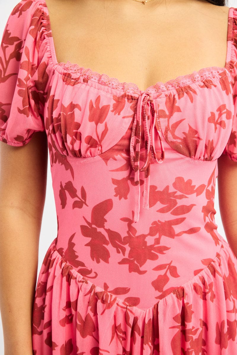 Pink Floral Fit And Flare Dress Puff Sleeve Mesh