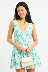 Blue Floral Mini Dress V-neck Lace Trim