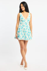 Blue Floral Mini Dress V-neck Lace Trim