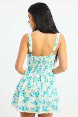 Blue Floral Mini Dress V-neck Lace Trim