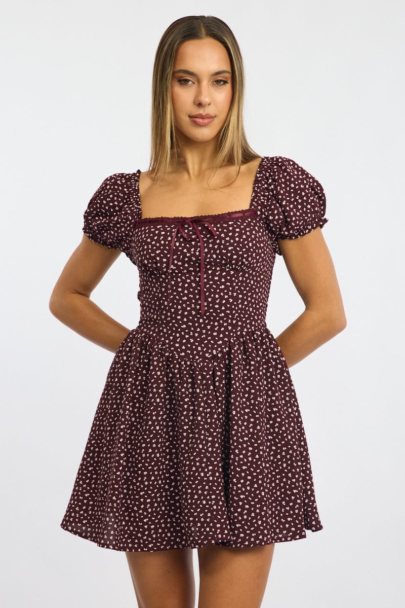 Red Ditsy Fit And Flare Dress Puff Sleeve