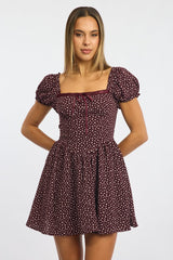 Red Ditsy Fit And Flare Dress Puff Sleeve