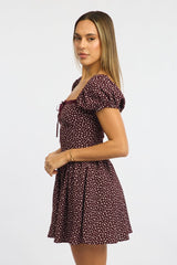Red Ditsy Fit And Flare Dress Puff Sleeve
