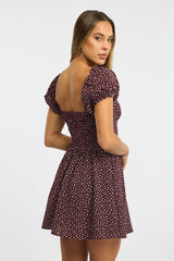Red Ditsy Fit And Flare Dress Puff Sleeve