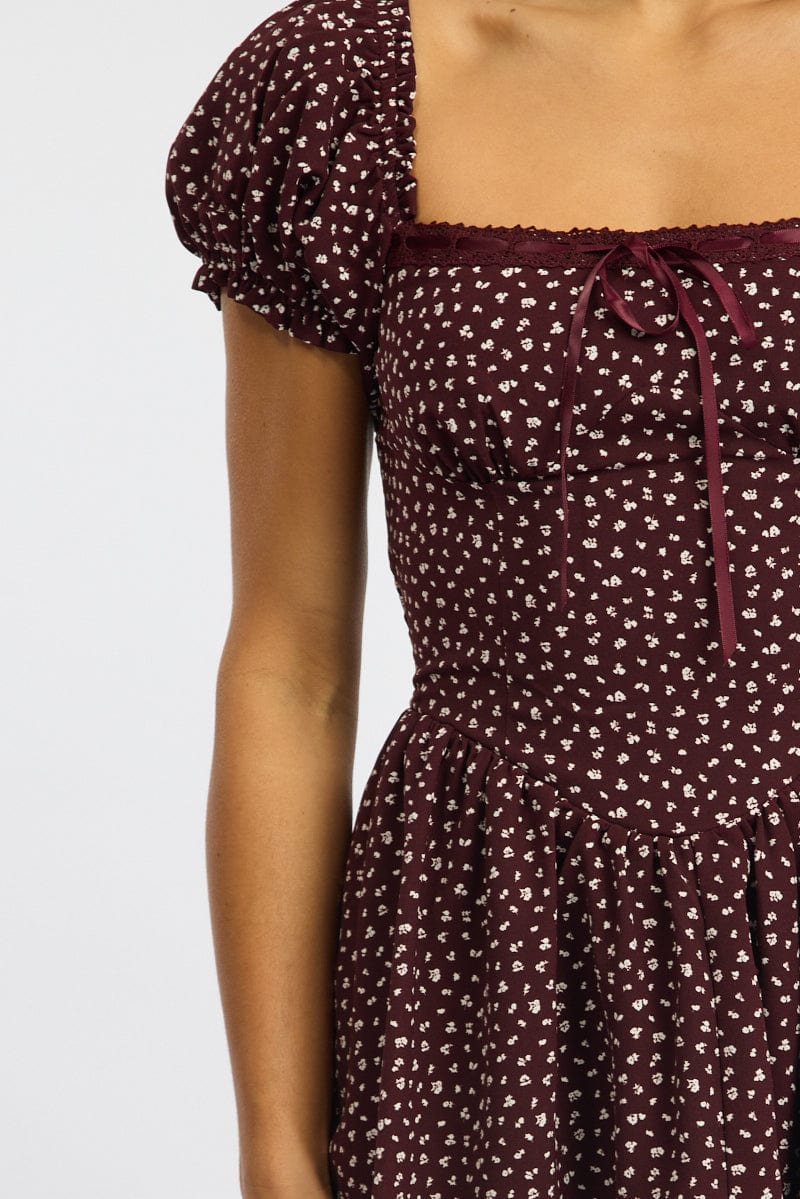 Red Ditsy Fit And Flare Dress Puff Sleeve