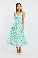 Blue Floral Midi Dress Gathered Bust Lace Trim