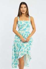 Blue Floral Midi Dress Gathered Bust Lace Trim
