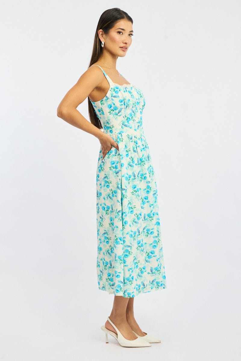 Blue Floral Midi Dress Gathered Bust Lace Trim