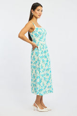 Blue Floral Midi Dress Gathered Bust Lace Trim
