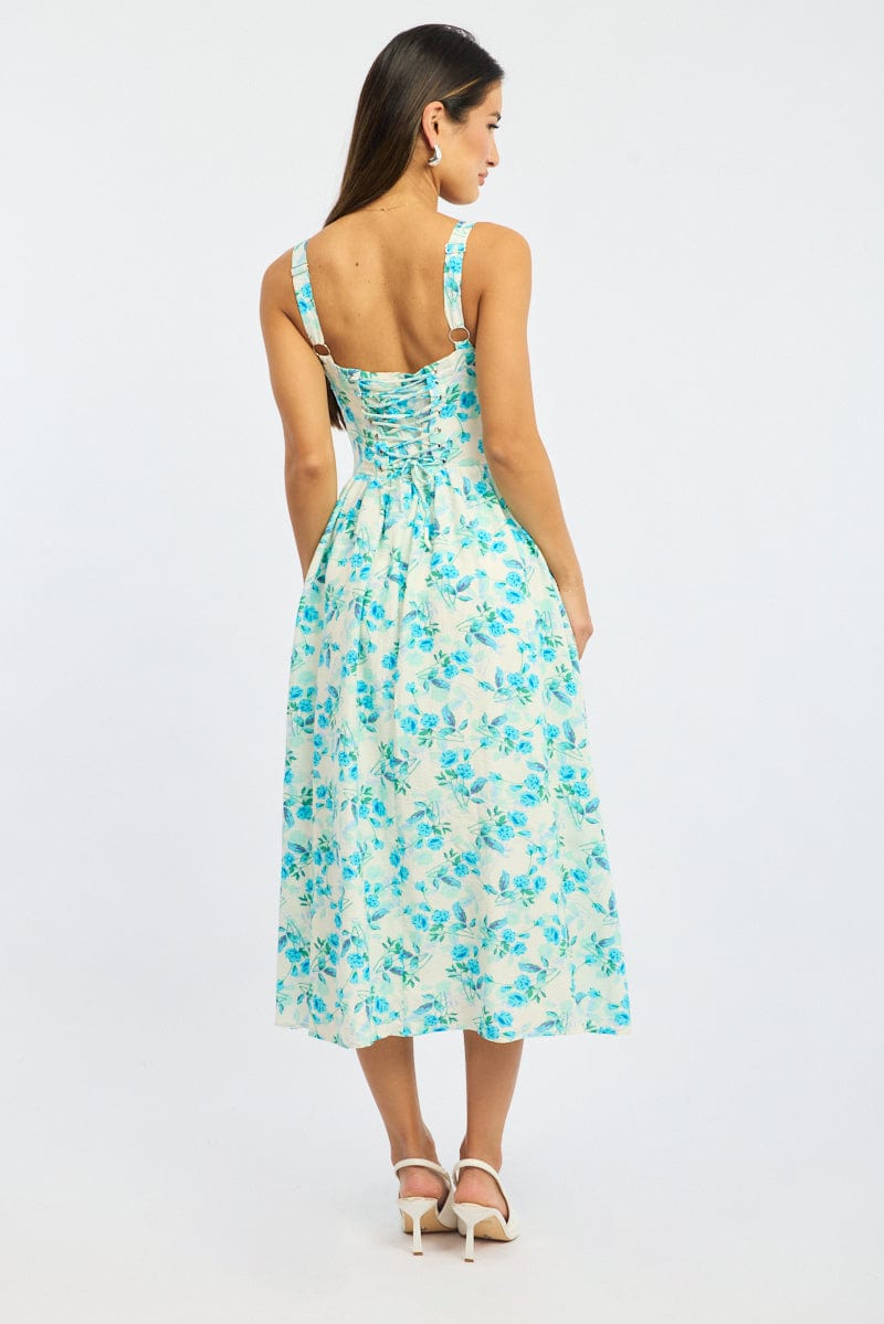Blue Floral Midi Dress Gathered Bust Lace Trim