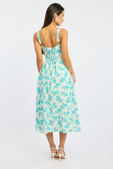 Blue Floral Midi Dress Gathered Bust Lace Trim
