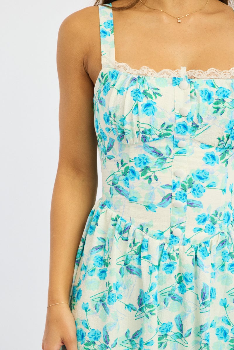 Blue Floral Midi Dress Gathered Bust Lace Trim