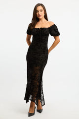 Black Midi Dress Puff Sleeve Mesh