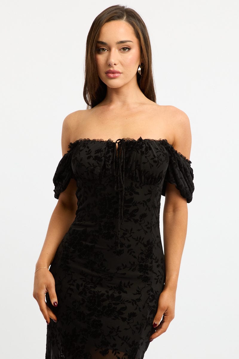 Black Midi Dress Puff Sleeve Mesh