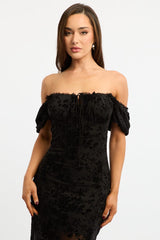 Black Midi Dress Puff Sleeve Mesh