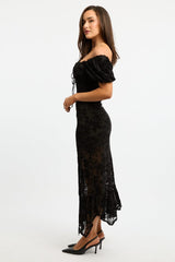 Black Midi Dress Puff Sleeve Mesh
