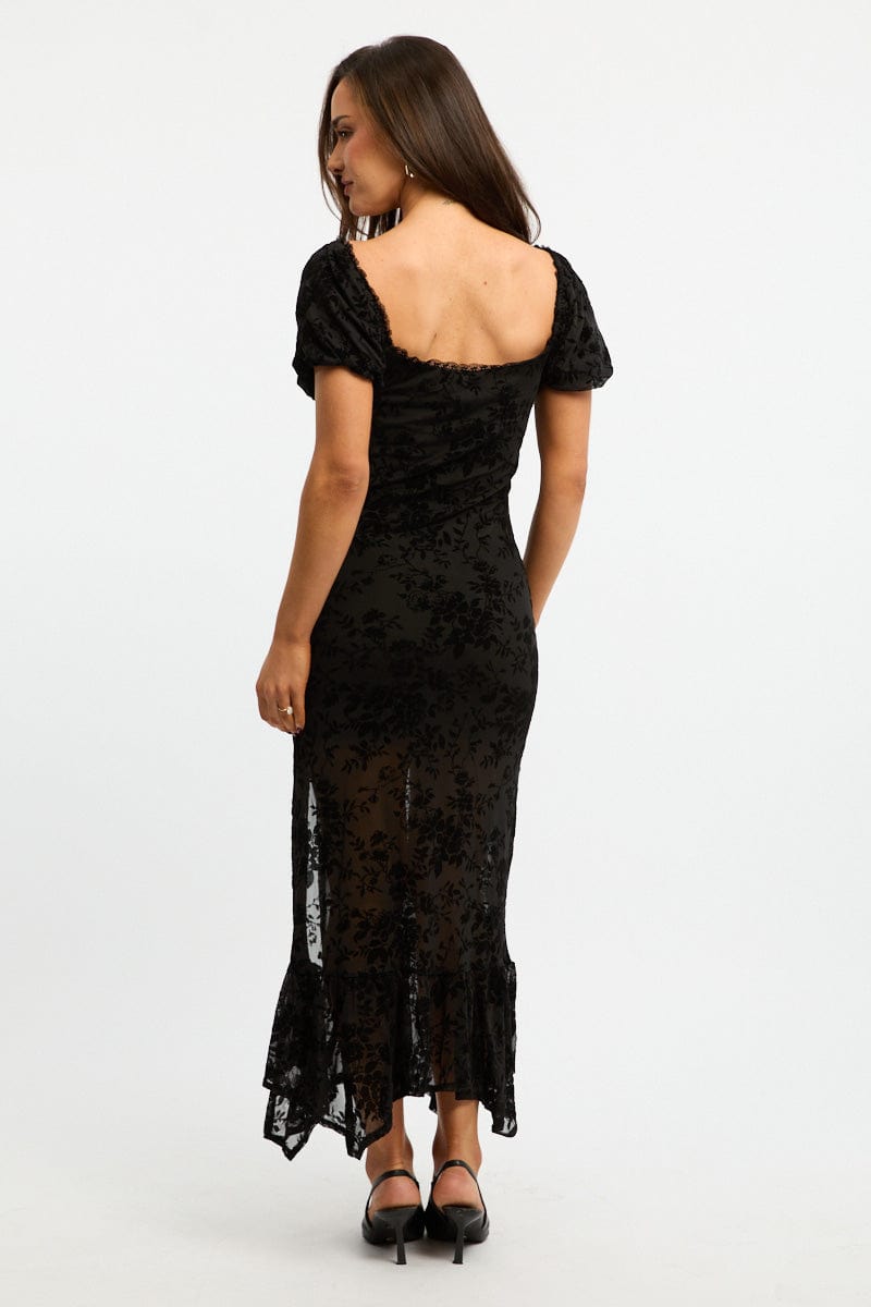 Black Midi Dress Puff Sleeve Mesh