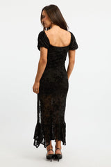Black Midi Dress Puff Sleeve Mesh