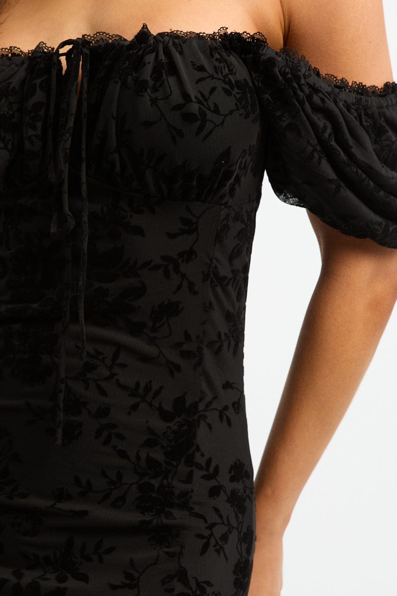 Black Midi Dress Puff Sleeve Mesh