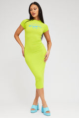 Green Midi Dress Short Sleeve Crew Neck Bodycon Graphic