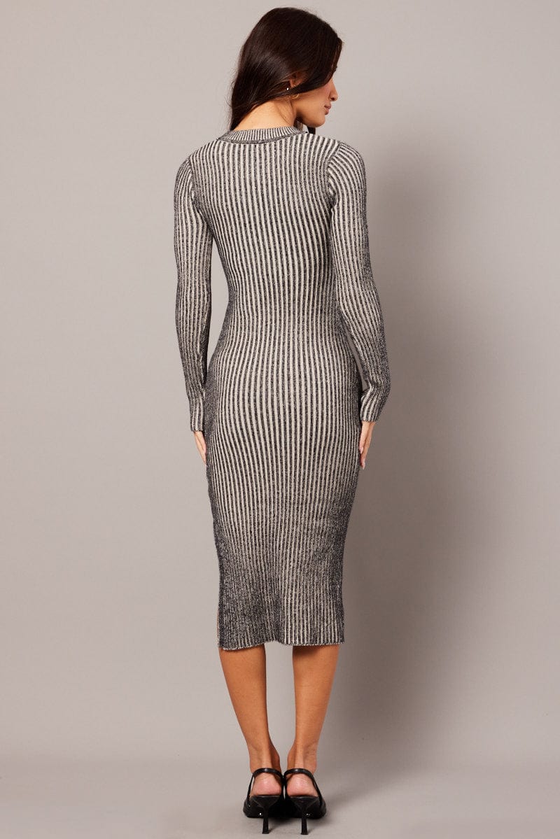 Black Stripe Midi Dress Long Sleeve Round Neck Rib Knitted