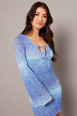 Blue Knit Dress Long Sleeve Mini