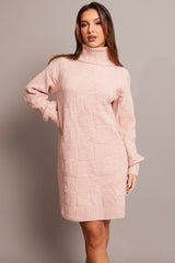 Pink Knit Dress Long Sleeve Turtle Neck