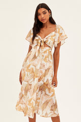 Beige Floral Midi Dress Square Neck Short Sleeve