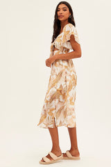 Beige Floral Midi Dress Square Neck Short Sleeve