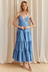 Blue Maxi Dress V-Neck Sleeveless Poplin