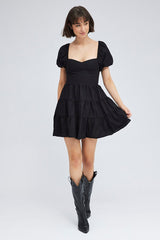 Black Fit And Flare Dress Puff Sleeve Mini