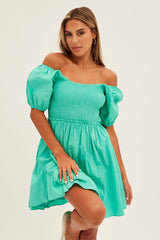 White Fit And Flare Dress Puff Sleeve Mini Poplin