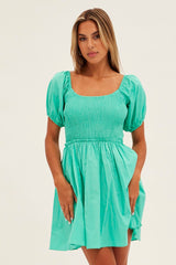 White Fit And Flare Dress Puff Sleeve Mini Poplin