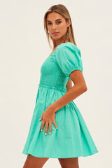 White Fit And Flare Dress Puff Sleeve Mini Poplin