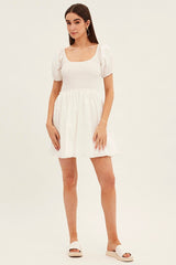 White Fit And Flare Dress Puff Sleeve Mini Poplin