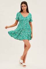 Floral Print Sun Dress Mini Short Sleeve V Neck