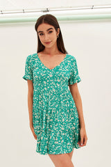Floral Print Sun Dress Mini Short Sleeve V Neck