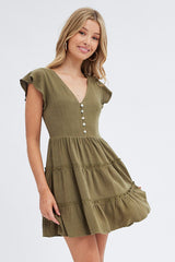 Green Fit and Flare Dress Short Sleeve V-Neck