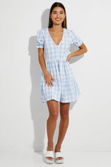 Blue Check Skater Dress V Neck Puff Sleeve Gingham