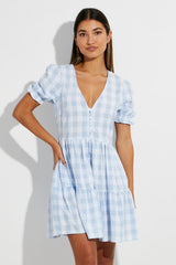 Blue Check Skater Dress V Neck Puff Sleeve Gingham