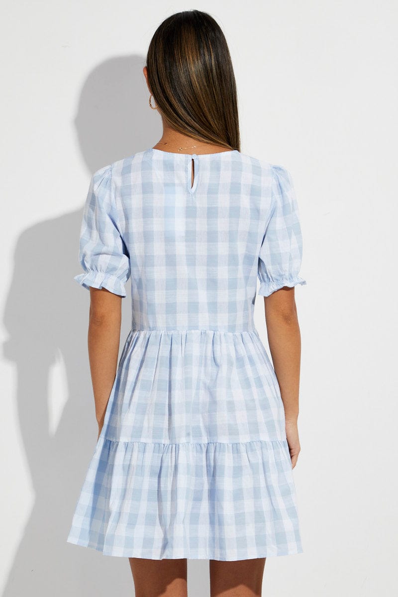 Blue Check Skater Dress V Neck Puff Sleeve Gingham