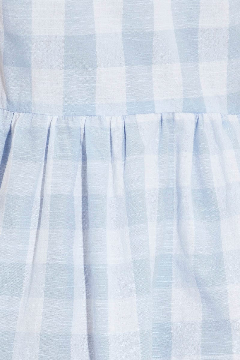 Blue Check Skater Dress V Neck Puff Sleeve Gingham