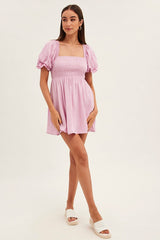 Pink Skater Dress Square Neck Short Sleeve
