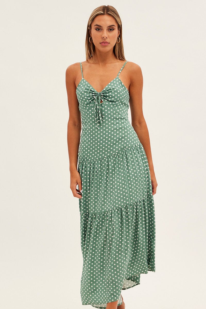 Print Polka Dot Maxi Dress Sleeveless Tie Front Tiered Polka Dot